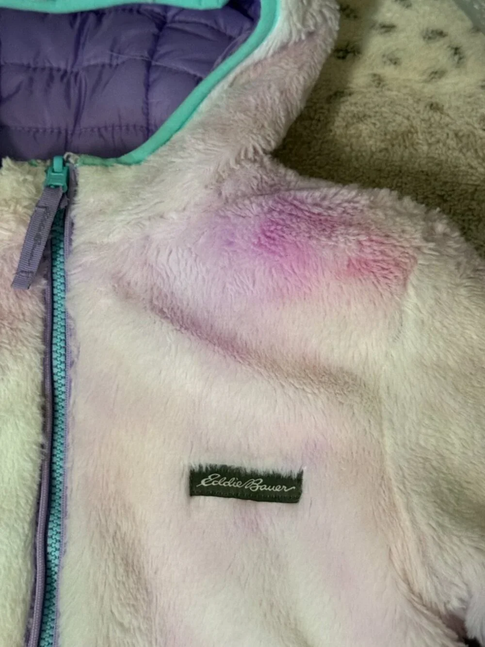 Eddie Bauer violet purple puffer jacket girl medium pastel tie dye fleece winter